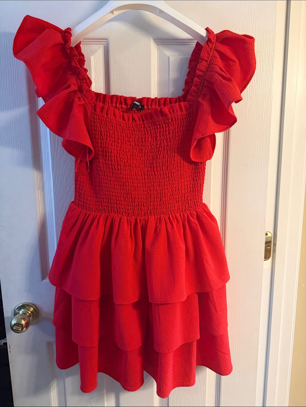 Express Bright Red Smocked Mini Dress with Ruffle Tiers